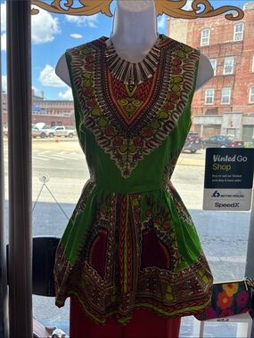 Green African Print Sleeveless Mini Dress with Tribal Pattern